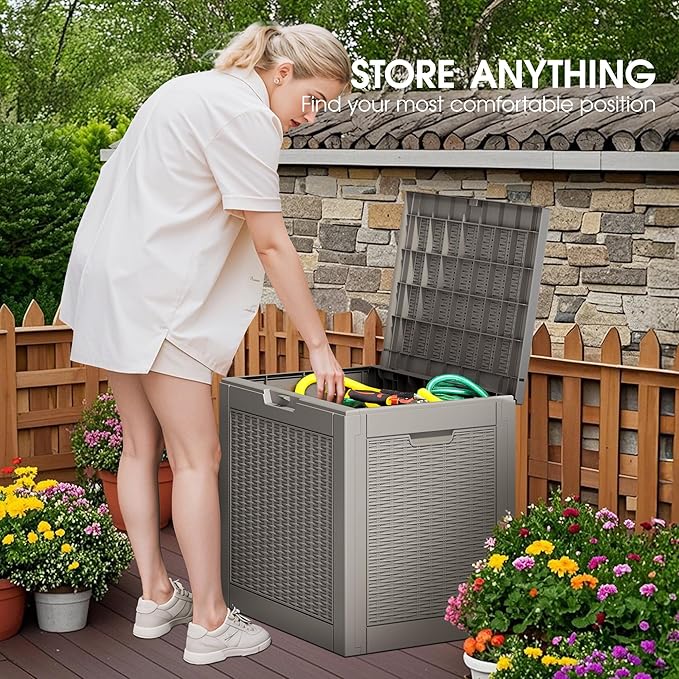 NBYSGO Outdoor Storage Box, Resin Deck Boxes Indoor and outdoor, Waterproof Storage Box Lockable Lid (Grey, 35 Gallon)