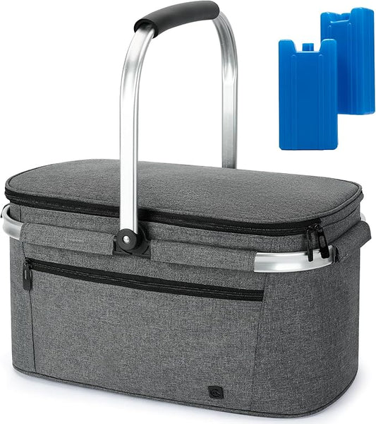 ALLCAMP Picnic Basket - 2 Ice Box Included 32L Insulated Cooler, Thickening Foldable Picnic Basket with Removable Baskets & Sewn-in Frame, Basket for House Warming Gifts New Home(Smoke Gray)