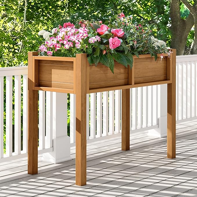 DWVO Raised Garden Bed with Legs Weatherproof Elevated Planter Box Outdoor with Drainage System Patio Planters for Herbs Vegetables Flowers Plant Bed for Garden Balcony Backyard,Teak