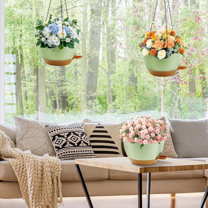 10 inch Hanging Planters for Indoor Plants, 3 Pack Self-Watering Hanging Planter Pots with Chain and Drainage Holes, Outdoor Plastic Hanging Baskets for Garden Home Decor