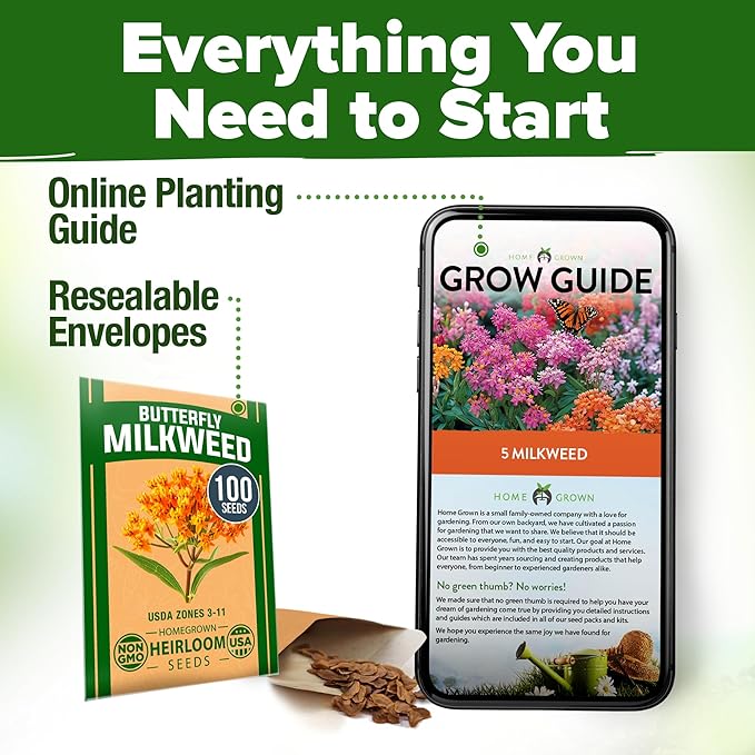 HOME GROWN Milkweed Flower Seeds - 500+ Heirloom Perennial Wildflower Seeds (5 Individual Varieties) Supports Monarch Habitat, Grows in Zones 310 (Asclepias syriaca)
