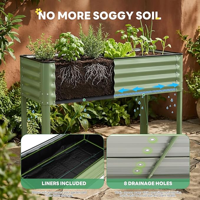 STBoo Elevated Raised Garden Bed with Legs and Wheels- 48''x24''x32'' Galvanized Metal Standing Planter Boxes Outdoor with Bottom Storage Shelf for Backyard, Patio, Balcony, Vegetables, Green