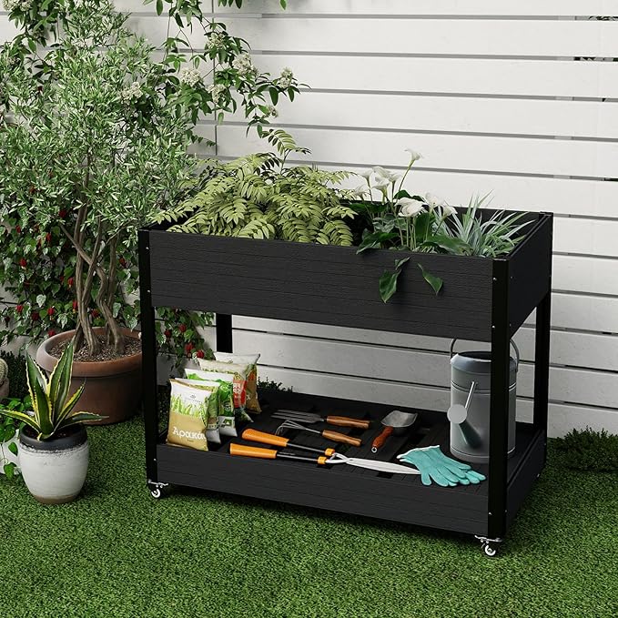 WPC Raised Garden Bed, Waterproof Elevated Planter Box with Legs and Wheels for Outdoor, Standing Patio Planters for Vegetables Flowers Herbs with Drainage Holes, Black