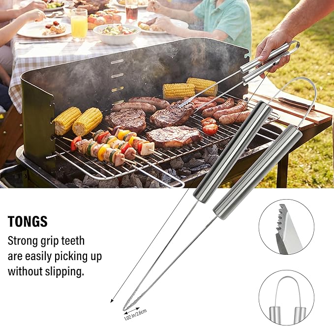 Yekale BBQ Grill Accessories Set, Grill Tools Grilling Accessories Grilling Gifts for Men - Spatula, Fork, Brush, Tongs & Cleaning Brush - Outdoor Barbecue Utensils Gifts for Men Dad Him (Sliver)