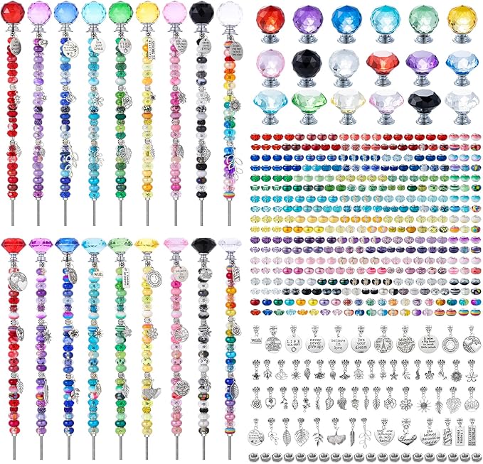 513Pcs DIY Beaded Garden Stakes, Fairy Wand Kit Garden Stakes Decorative with 18 Threaded Rod, Crystal Top, Large Holes Bead for Christmas Plants Garden Outdoor&Indoor Decorative（12IN）