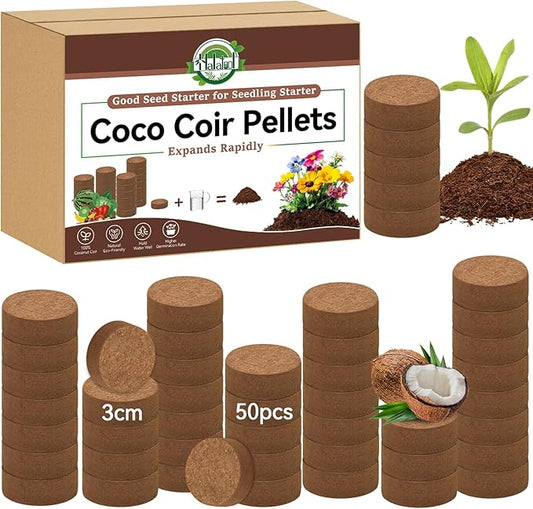 Halatool 50pcs Organic Coconut Coir Pellets Soil for Seed Starter, 30mm Compressed Coco Coir Potting Soil for Growing Vegetables, Fruits, Flowers