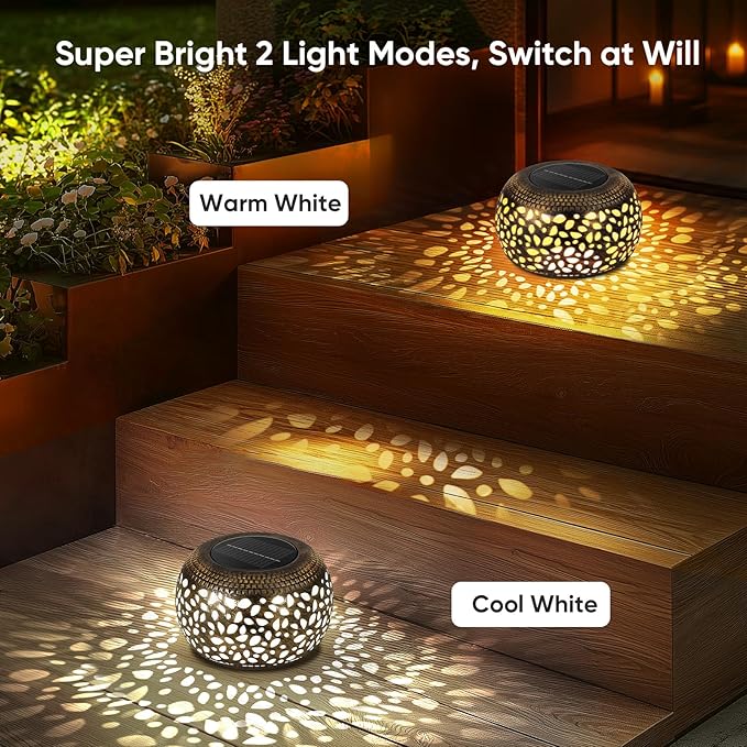 Solar Lanterns Waterproof Outdoor Decor: 2 Pack Hollow Out Retro Metal Solar Lights, Unique Gardening Gifts for Women Mom, Outside Garden Yard Porch Lawn Indoor Tabletop Decorations, 2 Lighting Colors