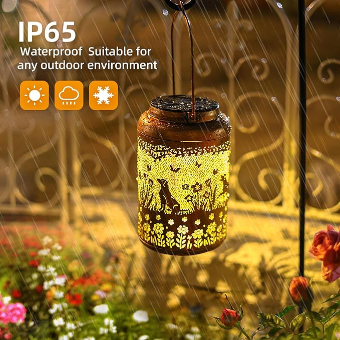 2Pack Dog Solar Lanterns Outdoor Waterproof Garden Decor Solar Lights Birthday Gifts for Women Mom Grandma Hanging Lantern LED Light Metal Dog Decoration Outside for Yard,Lawn,Porch,Patio,Tabletop