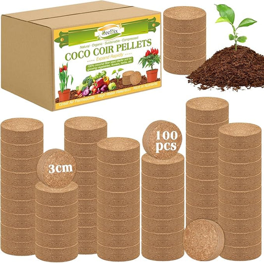ZeeDix 100pcs 30mm Coco Coir Pellets Potting Soil, Organic Coconut Fiber Seed Starter Soil Pellets, Coconut Coir Soil Discs for Indoor Outdoor Plants, Herbs Houseplants Flowers Succulents Vegetables