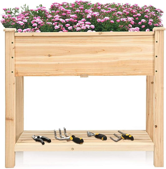 S AFSTAR Raised Garden Bed with Storage Shelf, Elevated Cedar Wood Planter Box with Legs, Outdoor Gardening Planting Bed for Vegetables Flower Herb Grow, Great for Backyard Patio Lawn