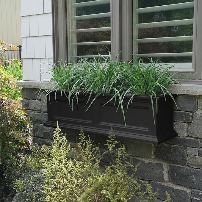 Mayne Fairview 3ft Durable Self Watering Window Box Planter with Wall Mount Brackets, UV & Weather Resistant, Double Wall Design, New England Architecture for Outdoor Décor, Black