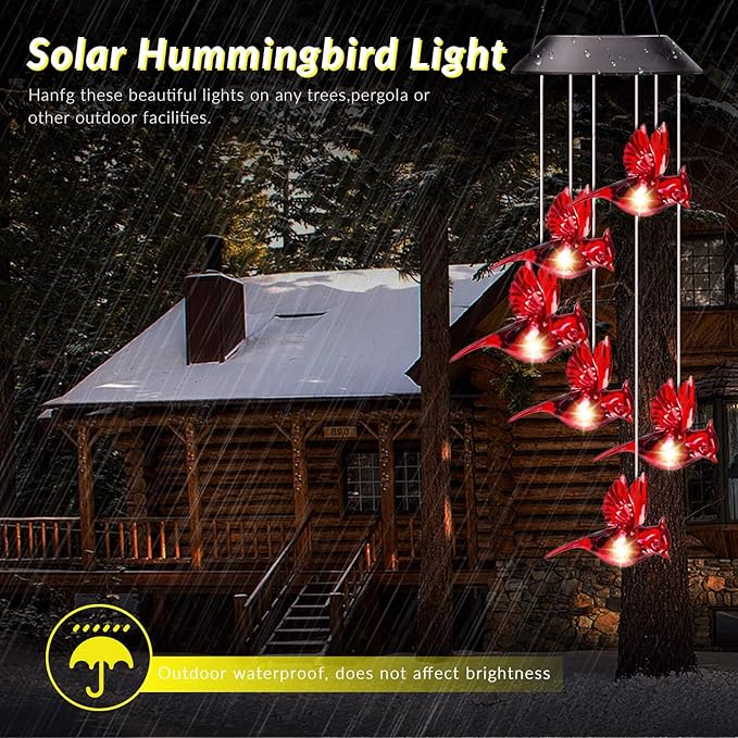 Solar Wind Chimes Cardinal Bird,Solar Cardinal Red Bird Wind Chime Light, with 6 Vivid Hummingbirds Multicolor Led Light，Holidays, Courtyards, Decorations As Gifts… (Cardinal)