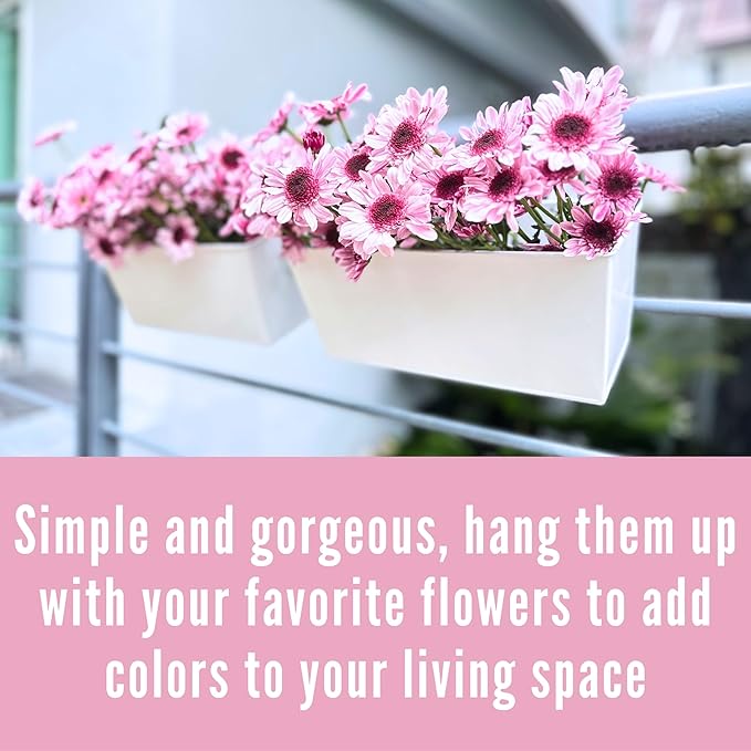 LalaGreen Planter Box (6 Pack, 12 Inch) Outdoor White Metal Rectangle Balcony Railing Fence Hanging Flower Pots for Strawberry, Succulent Herb Plant Holder Rustic Farmhouse Countryside Style Outside