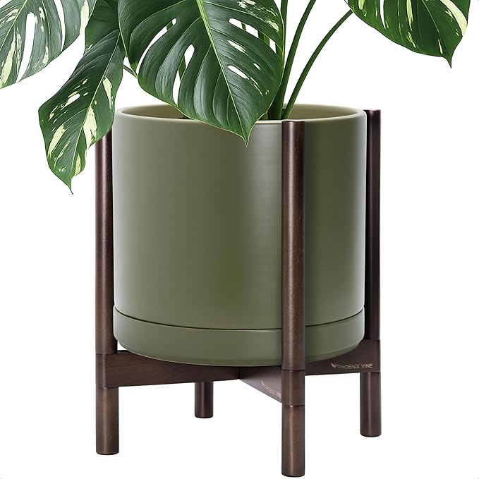 D'vine Dev Ceramic Planter with Walnut Color Stand - 14 Inch Modern Round Flower Pot with Wood Planter Holder, Olive, 55-B-T-J