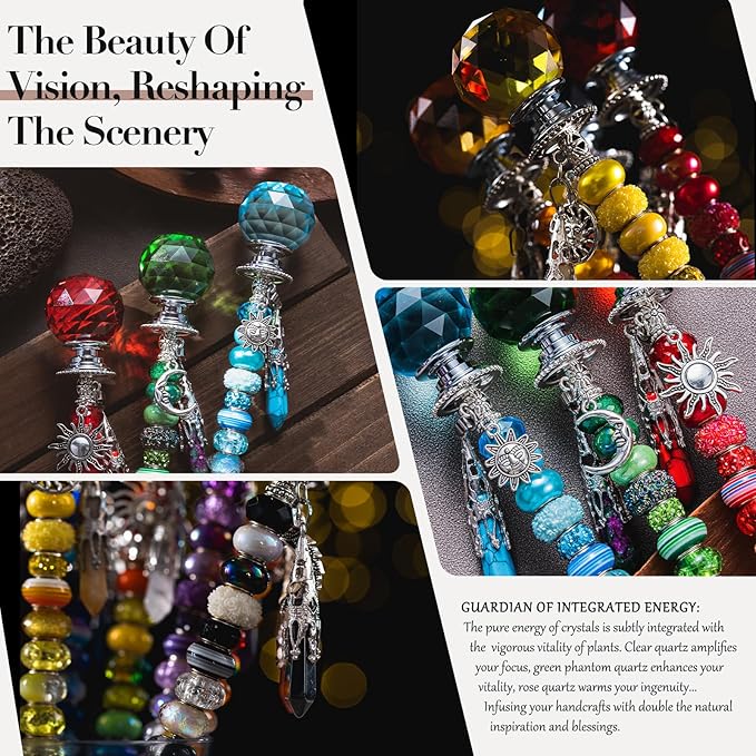 260 Pcs DIY Beaded Garden Stakes, Fairy Wand 10-Pack Garden Decorative Kit with Healing Crystal Pendant, 12in Threaded Rods, Crystal Diamond Tops, for Spring Garden Outdoor&Indoor Decorations