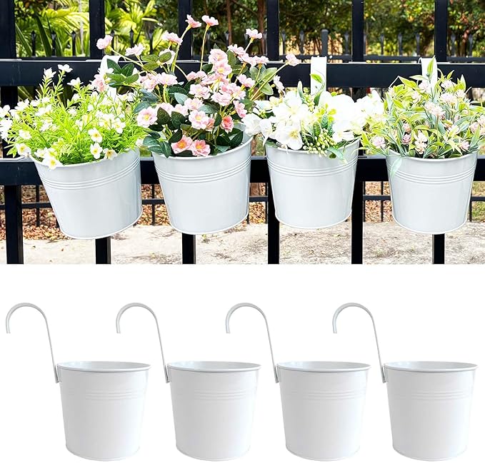 Pack of 4 Hanging Flower Pots, 6" White Metal Balcony Planters for Herb Succulent, Samll Railing Fence Hanging Bucket for Outdoor/Indoor Decoration (White, Pack of 4)
