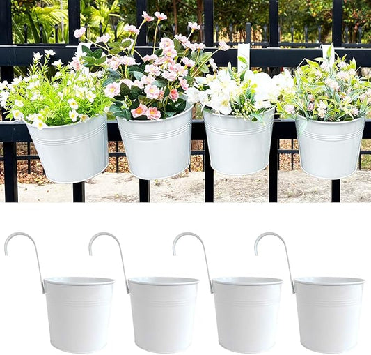Pack of 4 Hanging Flower Pots, 6" White Metal Balcony Planters for Herb Succulent, Samll Railing Fence Hanging Bucket for Outdoor/Indoor Decoration (White, Pack of 4)