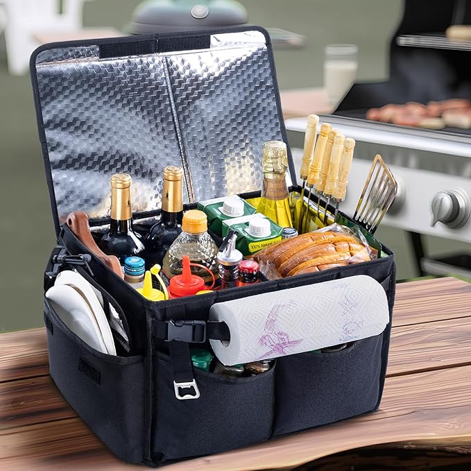 FRECOLSH Large Grill Caddy with Lid – BBQ Organizer for Camping, Tailgating, RV, Boating – Grilling Gifts for Men – Collapsible Griddle Tote Bag with Shoulder Strap – Outdoor Essentials