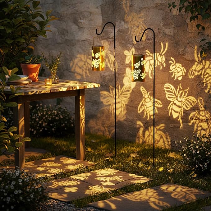 12.8" Large Size 2-Pack Outdoor Solar Lanterns Waterproof Metal Bee Patterns Garden Decor Gifts for Women Mom Grandma Hanging Solar Lanterns for Outside Yard, Patio, Backyard, Porch