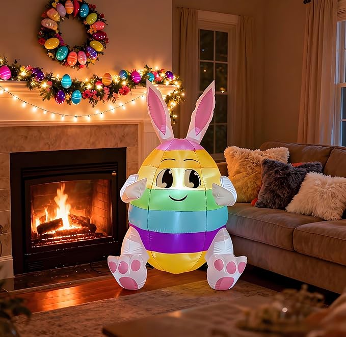 5FT Lighted Easter Inflatable Colorful Egg with Bunny Ears - Blow Up Outdoor Yard Decor for Lawn, Garden & Holiday Party