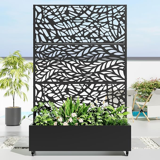 Casaphoria Metal Raised Garden Bed with Trellis and Wheels, 72"x 47"x 16" Planter Box for Climbing Plants, Vegetables & Vines, Features Drainage Holes and Privacy Screen,Black(Black-Spring&Net)