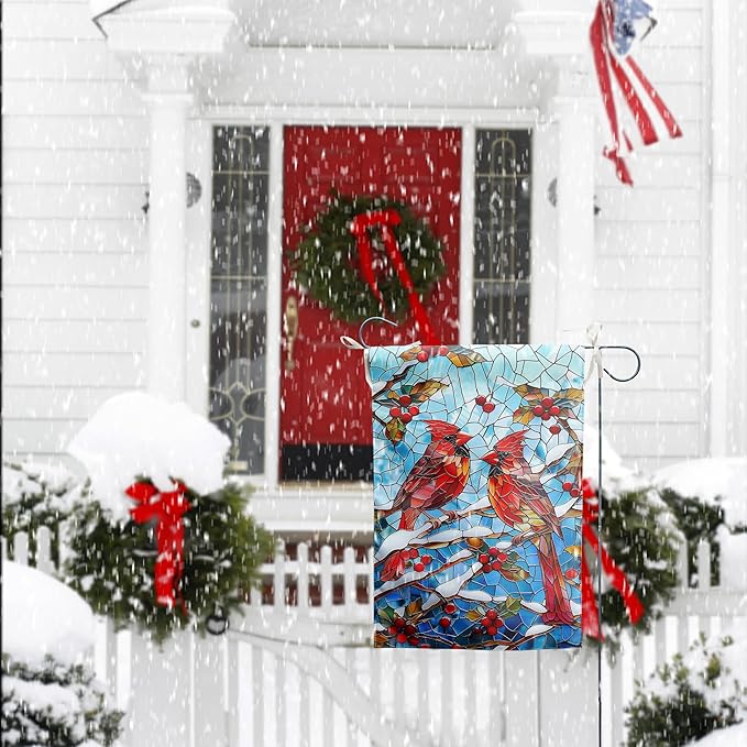 Winter Cardinal Bird Garden Flag for Outside 28x40 Stained Glass Red Birds on Snow Pine Tree Flag Christmas House Flags Large Outdoor Welcome New Years Yard Flag Double Sided