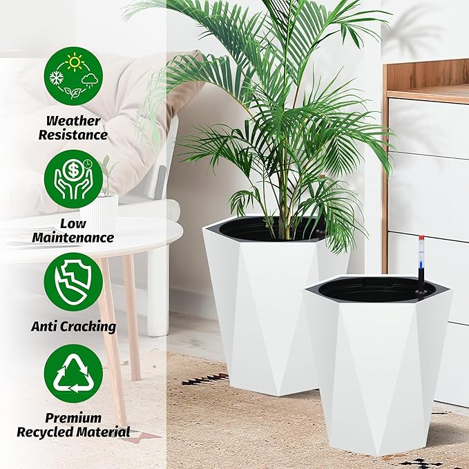 Set of 2 Tall Planters for Outdoor Plants, 16" Large Planter Pots with Drainage Holes & Water Level Monitor, Self-Watering Flower Pots for Patio, Porch, Garden, Front Door Decor, Indoor Outdoor