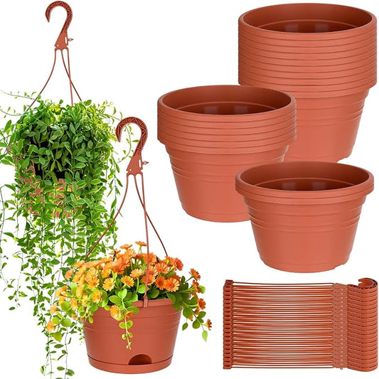Roshtia 20 Pcs 10 Inch Hanging Baskets for Plants Large Plastic Hanging Basket Pots with Drainage Trays Self Watering Planter Pots for Outdoor Indoor Plants Flowers Garden Balcony (Brown)