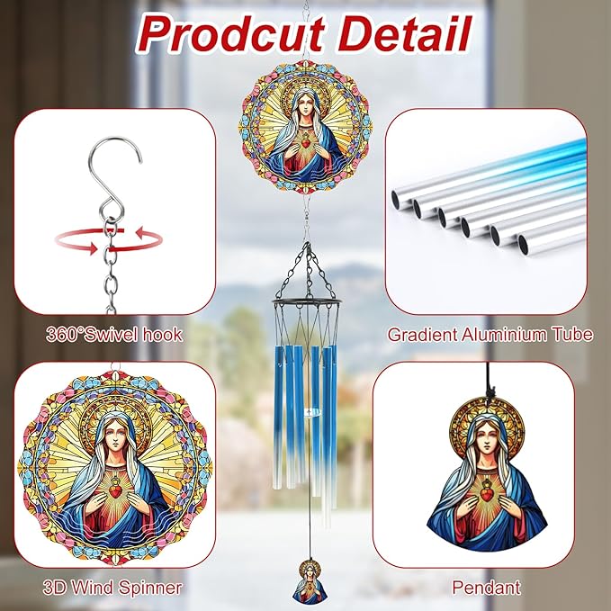 Lady of Guadalupe Windchimes with Wind Spinner Outdoors, Wind Chimes Catholic Gifts for Women Mom Sisters, Metal 3D Hanging Ornaments Decor for Garden Outside Yard