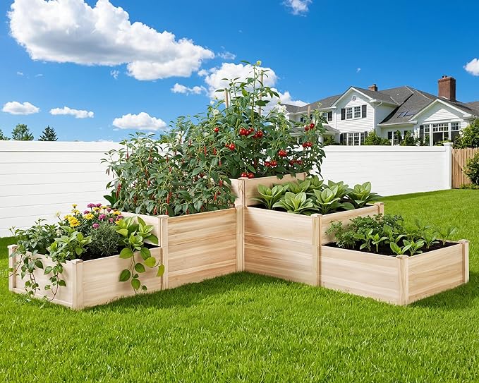SPECRAFT Raised Garden Bed 3-Tier Outdoor Planter Box, Fir Wood with Dividers, Shape Adjustable, Tool-Free Assembly, Ideal for Growing Vegetables, Herbs & Flowers
