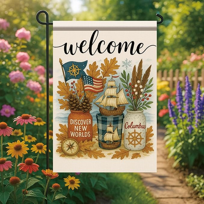 12x18 Inch Columbus Day Garden Flag Welcome Double Sided Yard Banner Discover New Worlds Autumn Ship Outdoor Decor for Porch Lawn Pathway Seasonal Patriotic Nautical Thanksgiving Decor