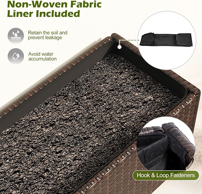 Giantex Set of 2 Wicker Raised Garden Bed with Wheels, 38”x12”x14”, Rectangular Garden Planter Box w/PE Rattan, Liner Fabric, Wicker Patio Elevated Raised Bed for Vegetable Flower Herb Porch Balcony