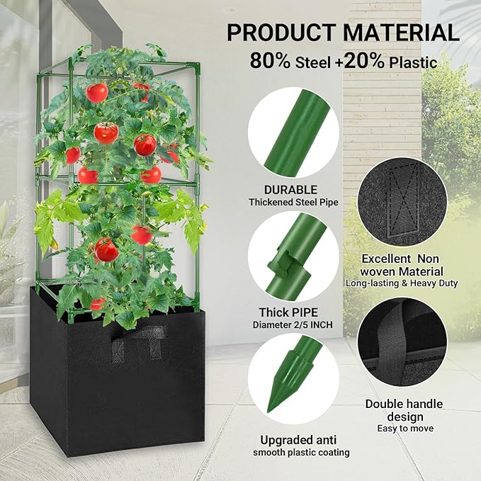 3 Pack Tomato Cages with 17 Gallon Grow Bags, 47” Heavy Duty Square Tomato Plant Stakes Support Cages Trellis for Garden Climbing Vegetables Flowers Fruits (47IN Tall, Extra-Bold)