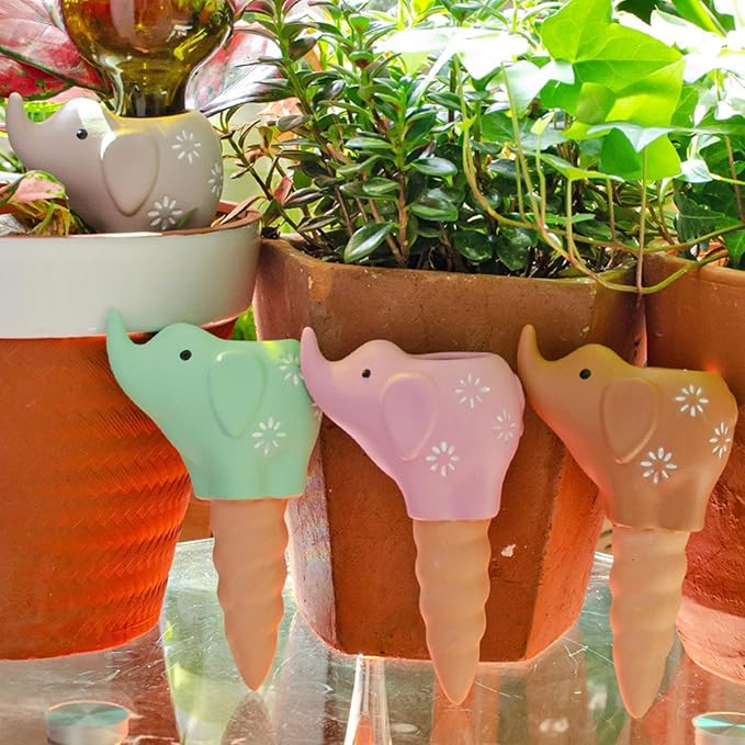 Plant Watering Devices, Elephant Shape Terracotta Watering Spikes, Vacation Self Watering Planter Insert, Small Plant Watering Globes for Indoor Outdoor Plants, 4 Pack