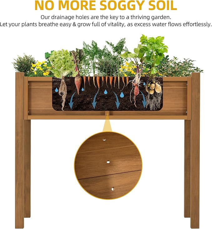 DWVO Raised Garden Bed with Legs Weatherproof Elevated Planter Box Outdoor with Drainage System Patio Planters for Herbs Vegetables Flowers Plant Bed for Garden Balcony Backyard,Teak