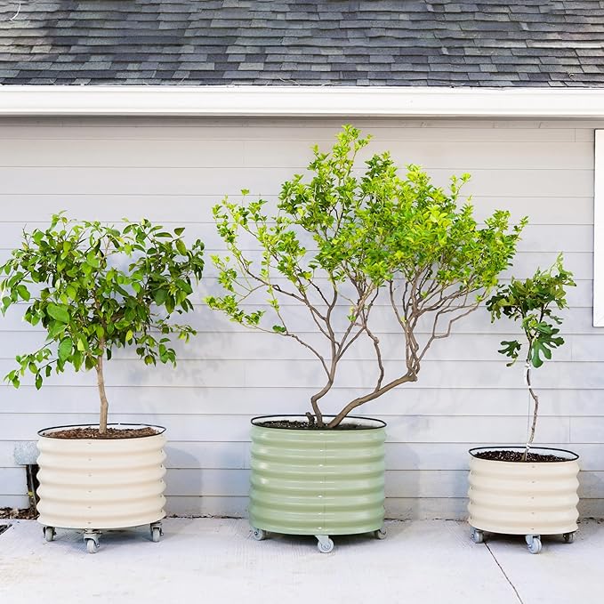 Rolling Metal Citrus Tree Planter Pot, 27″ Round Planter Box for Porch Patio & Backyard, 45 Gallon Large Planter Pot with Wheels for Growing Trees Tomatoes Vegetables and Flowers, Modern Gray