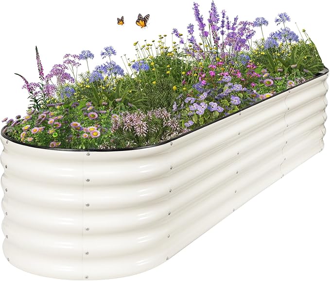 Permade Galvanized Raised Garden Bed - 8x2x1.4FT Metal Planter Boxes Outdoor | Oval Steel Raised Bed Kit for Gardening with Protective Tape, Bracing Rods, Gloves for Vegetables, Flower, Herb (White)