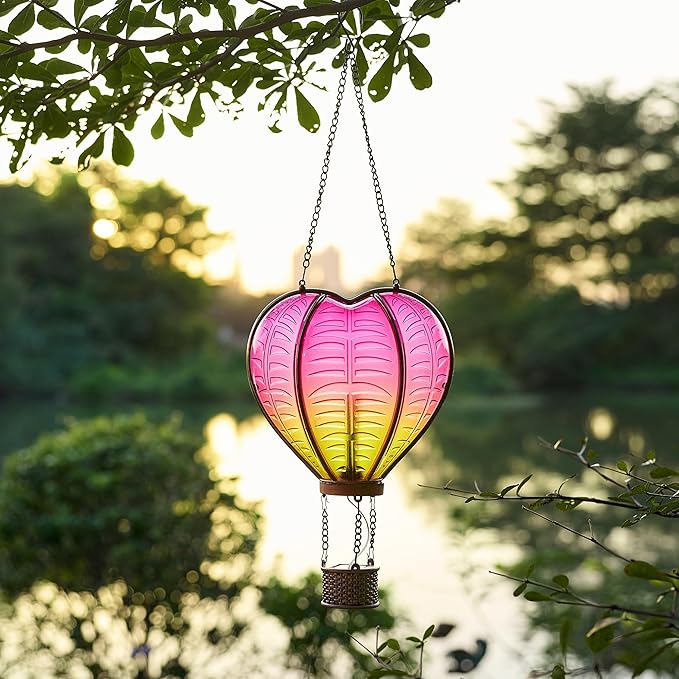 TERESA'S Collections Hot Air Balloon Solar Lantern for Garden , Flickering Flame Hanging Solar Lights,Heart Shape Lantern for Anniversary Wedding Decor
