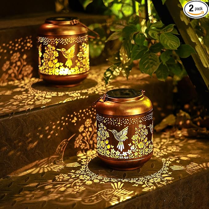 2Pack Hummingbird Solar Lanterns Outdoor Waterproof Birthday Gifts for Women Mom Grandma Metal Solar Decorative LED Lantern Outside for Garden Decor, Yard, Patio, Porch, Backyard, Pathway, Landscape