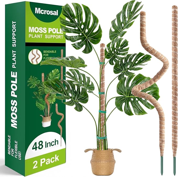2 Pack 48'' Bendable Moss Pole Monstera Plant Support for Indoor Climbing Plants, Tall Plant Stick Support Stake for Potted Plants, Pothos, Philodendron