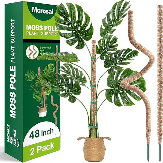 2 Pack 48'' Bendable Moss Pole Monstera Plant Support for Indoor Climbing Plants, Tall Plant Stick Support Stake for Potted Plants, Pothos, Philodendron