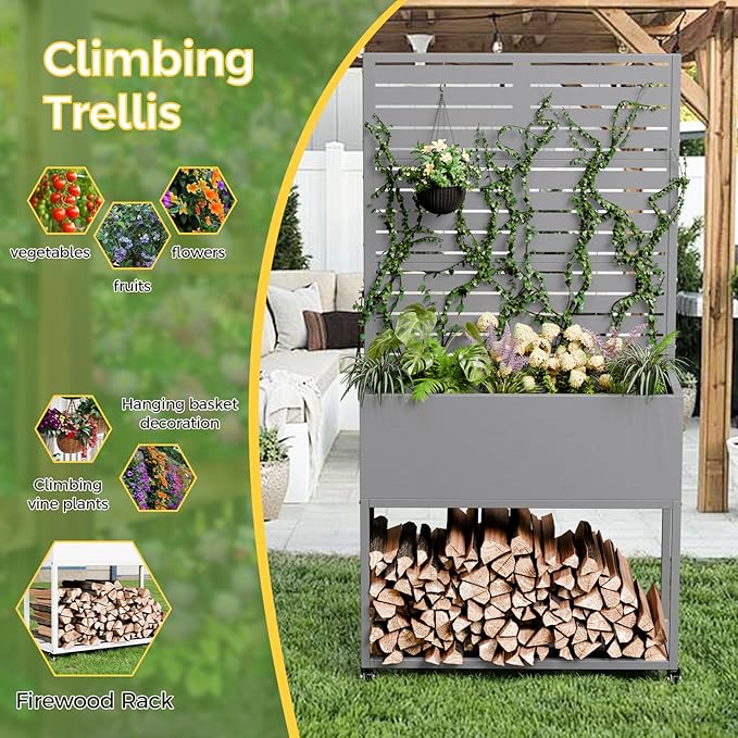 Metal Planter Box with Trellis, 3 in 1 Raised Garden Bed with Trelli & Firewood Rack, Privacy Planter Screen for Climbing Plants, Vine, Outdoor Garden Standing Beds with Drainage Holes, Wheels,Grey