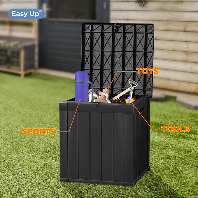 Mersco 50 Gallon Double-Wall Resin Deck Box - Lockable Waterproof Outdoor Storage Box, 515lbs Capacity & Doubles as Seating for Patio Furniture - Garden Tools, Pool Accessories (Black)