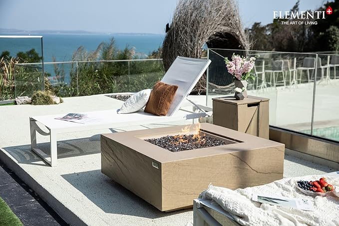 Elementi+ | Uluru Gas Fire Pit Cast Concrete 40" Square Fire Table, Outdoor Fire Pit Electronic Ignition | Canvas Cover, Fire Glass and Burner Lid Included | Sunlight Yellow | Propane Gas
