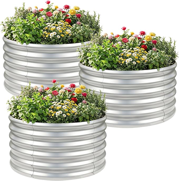 AHEONLAR 3PCS 2x2x2FT Galvanized Raised Garden Bed Kit Round Metal Flower Box Large Planter Raised Beds Outdoor Garden for Planting,Fruit,Herb Silver