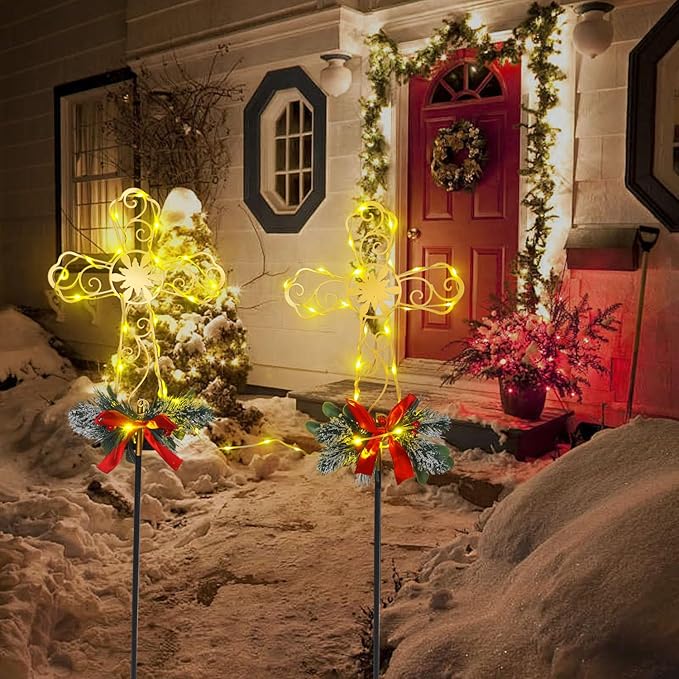 Cemetery Christmas Decorations Cross with 60 String Lights, Christmas Metal Yard Stakes for Gravesite Religious Outdoor Decorations 2 Pack