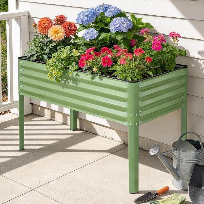 STBoo Elevated Raised Garden Bed with Legs and Wheels- 48''x24''x32'' Galvanized Metal Standing Planter Boxes Outdoor with Bottom Storage Shelf for Backyard, Patio, Balcony, Vegetables, Green