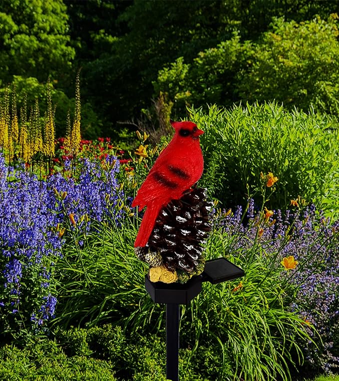 Cardinal Decor Solar Garden Decor Waterproof Red Bird Figurine Solar Stake Lights for Outside Yard Patio Lawn Porch Cemetery