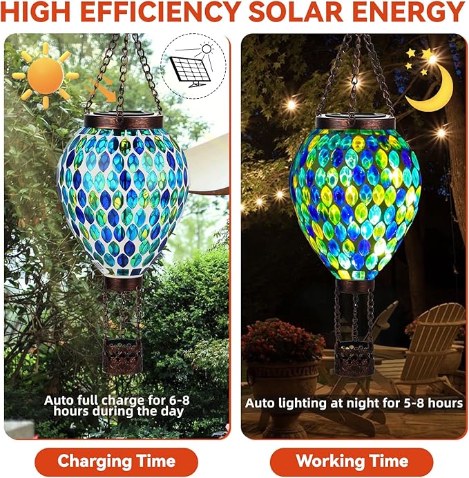 VOREEN Hot Air Balloon Solar Lantern, Handmade Mosaic Solar Outdoor Hanging Wind Light, Waterproof, Patio Festive Decor, Gift for Mom Wife Friend, Blue
