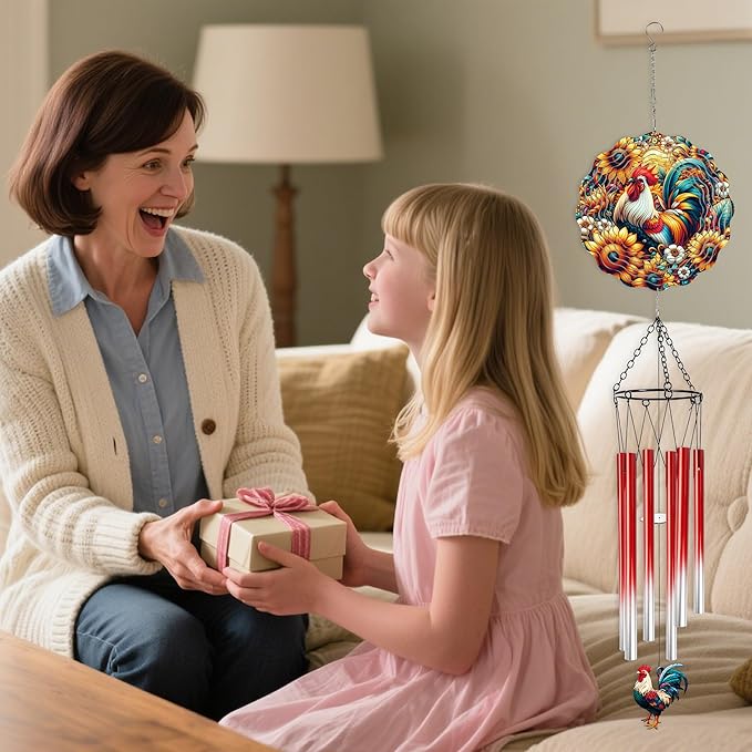 Wind Chimes with Rooster Wind Spinner, Chicken Gifts for Women Mom Friends Sisters Teacher, Metal WindChimes for Outside Home Lawn Porch Patio Garden Outdoor Decor Yard Decorations